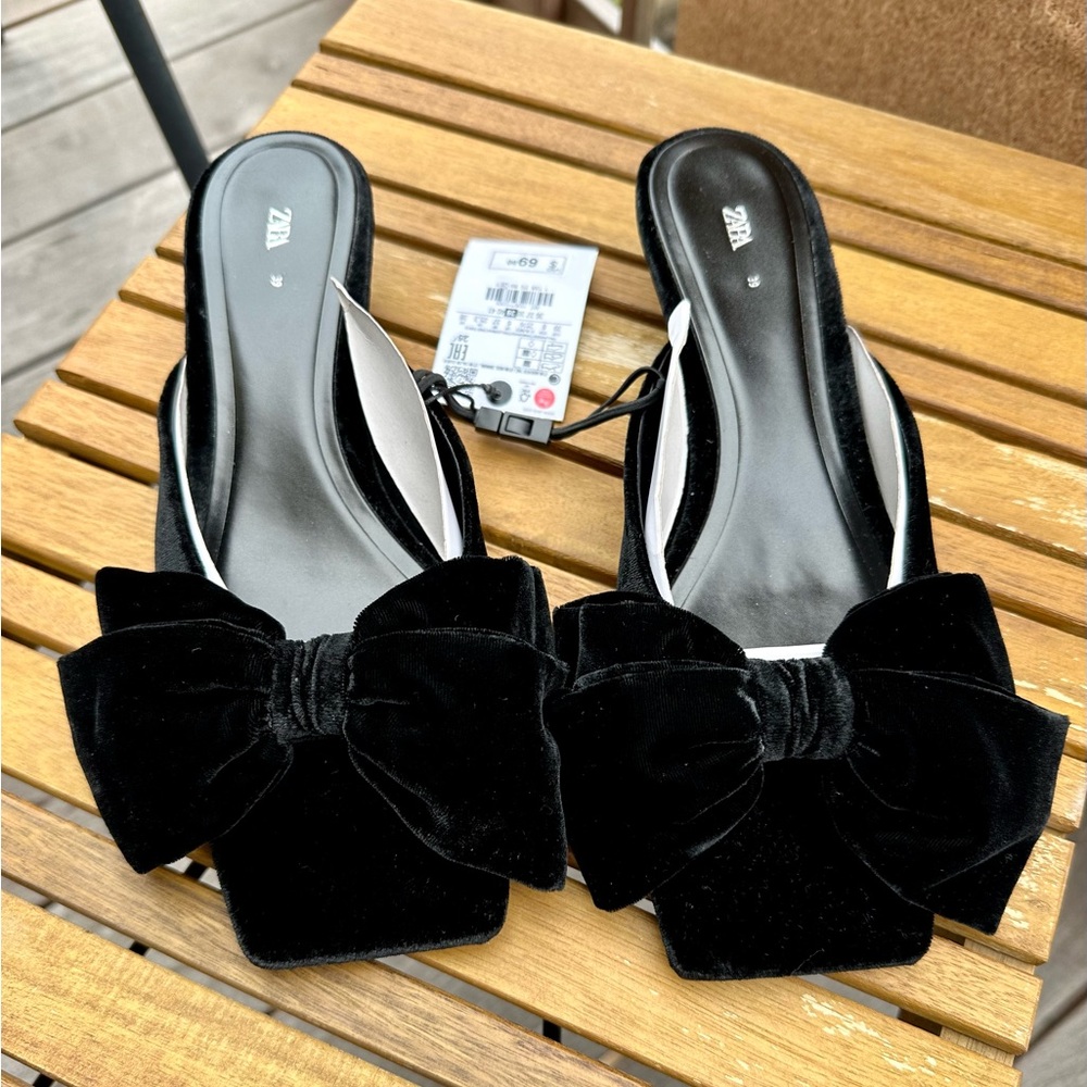 Zara bow trim black velvet mules size 8 39 BNWT brand new